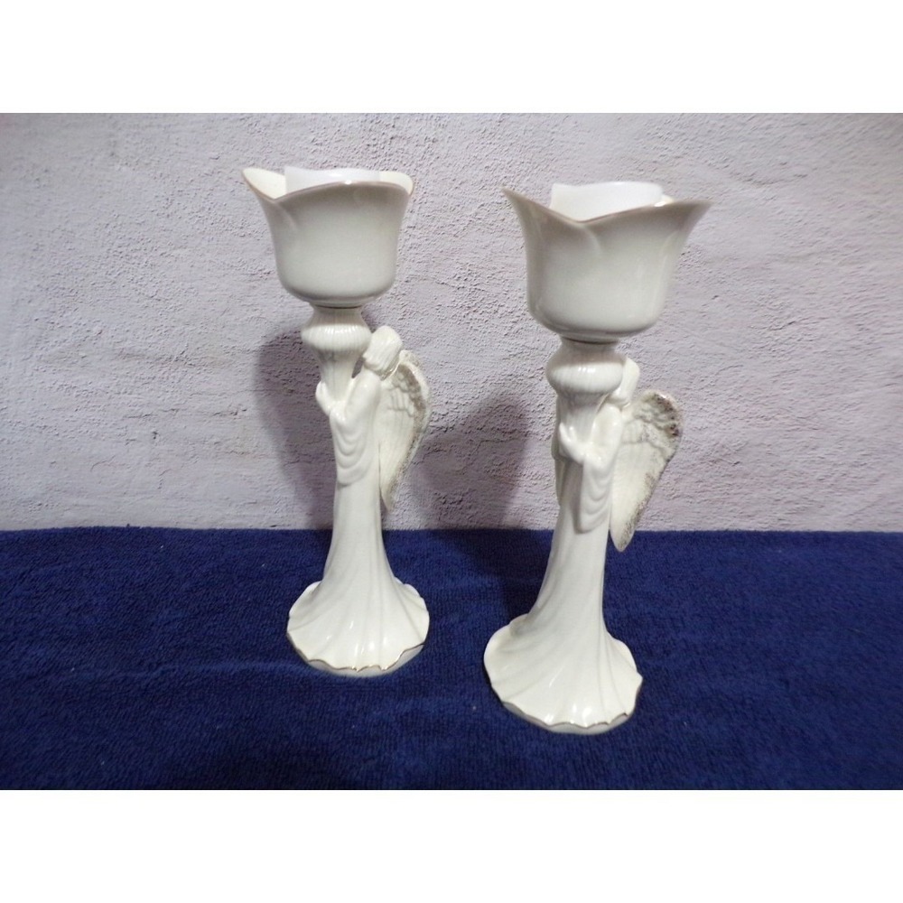 Elegant Ivory and Gold Glossy Christmas Mikasa Angel Tealight Holder Set of 2